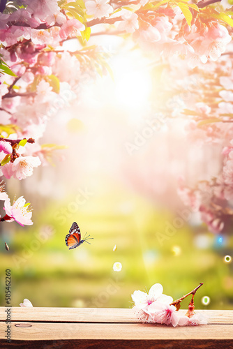 Spring background with empty wooden table. Natural template for product display with cherry blossoms bokeh and sunlight. generative ai. Wooden table in spring blooming cherry orchard with butterflies © Aquir
