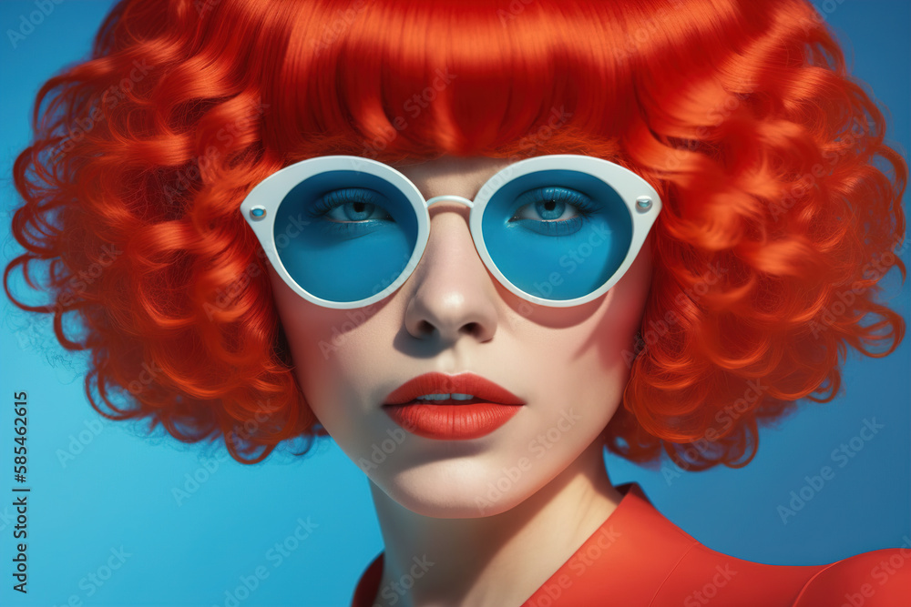 Fototapeta premium Fashion and red. Stylish, girl with bright red hair and sunglasses posing in the studio. Hairstyle, hair coloring.. generative ai
