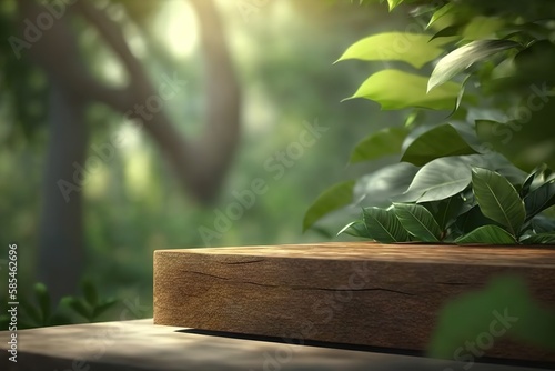 empty wooden tabletop podium in garden open forest, blurred green plants background with space. organic product presents natural placement pedestal display, spring and summer concept. Generative AI