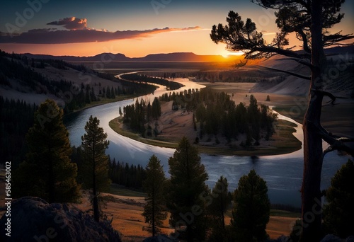 Overlooking the Yellowstone river at the break of dawn, on a summer morning, from Hayden Valley. Yellowstone National Park, Wyoming, USA. Generative AI