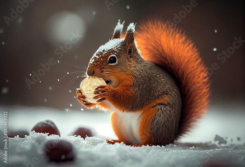 squirrel eating an acorn in the snow in winter. generative ai