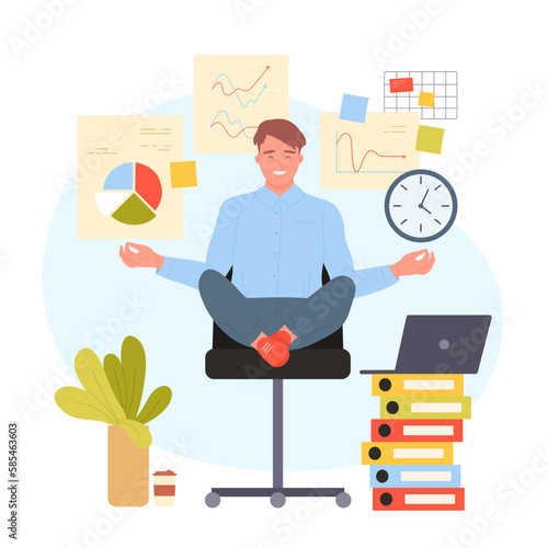 Wellbeing and calm meditating of employee in office vector illustration. Cartoon professional businessman sitting in lotus position with clock, paper documents and data charts icons above hands