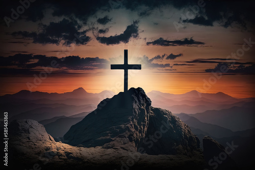 Silhouette of Crucifix Cross on Mountain with Sunset Created with Generative AI Technology