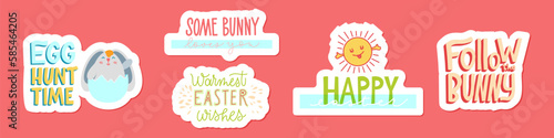 Joyful Happy Easter hand-drawn lettering set for greeting cards, social media posts, stickers. Colorful candy pastels spring vector illustration in flat style.