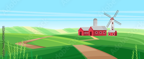 Cartoon red barn, silo tower and wind power generator, rural road to farmhouse buildings, path through green hills. Farm house with windmill in village spring summer landscape vector illustration