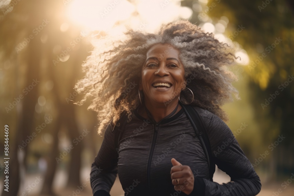 Smiling senior woman wearing headphones running in park,world health day,genertive ai. Smiling senior woman wearing headphones running in park,world health day,genertive ai.
