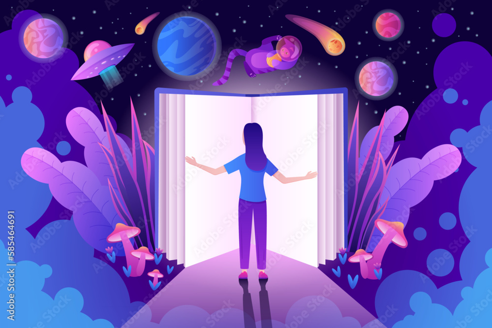 Girl reading open book vector illustration. Cartoon tiny woman standing at door to imagination, fantasy space adventure in universe with planets and stars, cat astronaut and magic flower and mushrooms