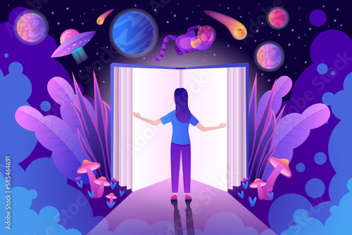 Girl reading open book vector illustration. Cartoon tiny woman standing at door to imagination, fantasy space adventure in universe with planets and stars, cat astronaut and magic flower and mushrooms