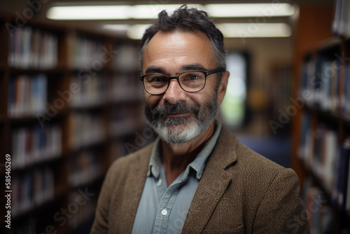 A portrait of university professor in library. Fictional person. Generative AI