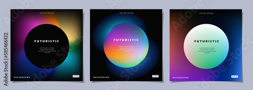 Set of colorful posters. Circle shape with neon lights. Abstract background with liquid gradient for banner, cover, social media posts.