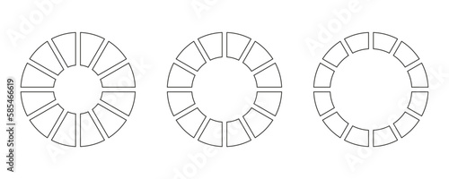 Wheels round divided in twelve sections. Diagrams infographic set. Circle section graph line art. Pie chart icons. Outline donut charts or pies segmented on 12 equal parts. Coaching wheel life blank.