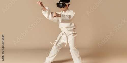 Taekwondo's fighter boy wearing VR headset