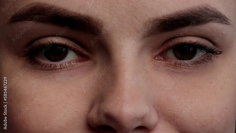 Brown-eyed young girl with natural makeup and long eyelashes looking directly into the camera. Close-up of woman's face. Brown-eyed young girl with natural makeup and long eyelashes looking directly into the camera. Close-up of woman's face.
