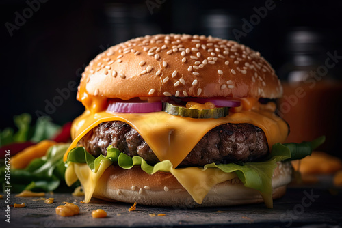  Fresh appetizing burger on the table Generative AI