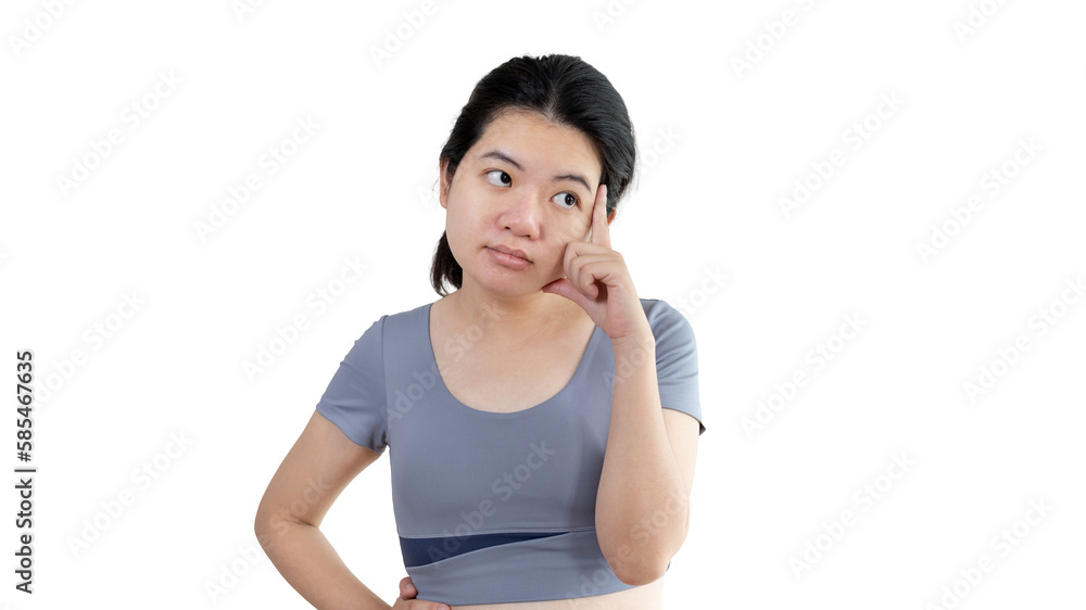 Young Asian woman thinking hard or planning to do something, Overthinking or worrying, Have a headache, Migraine, Stress, Free space for advertising or promoting products, Copy space, Enter text. Young Asian woman thinking hard or planning to do something, Overthinking or worrying, Have a headache, Migraine, Stress, Free space for advertising or promoting products, Copy space, Enter text.