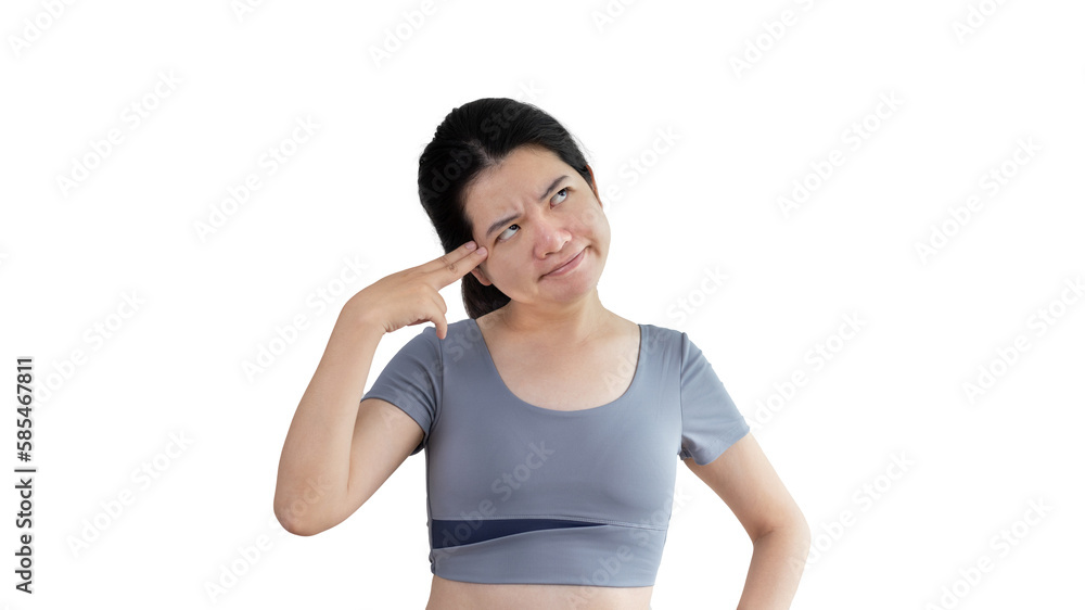Young Asian woman thinking hard or planning to do something, Overthinking or worrying, Have a headache, Migraine, Stress, Free space for advertising or promoting products, Copy space, Enter text.