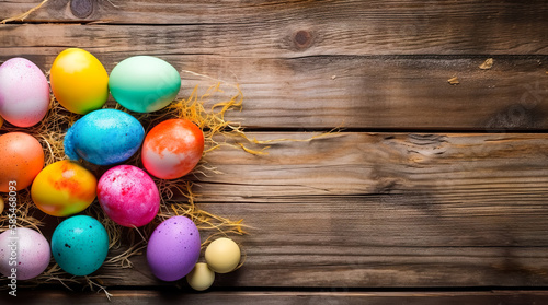 Colorful easter eggs on rustic wooden background with copy space. Generative AI