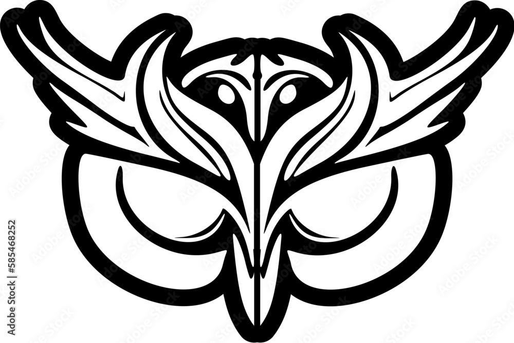 ﻿A black & white owl face with Polynesian designs tattooed onto it.