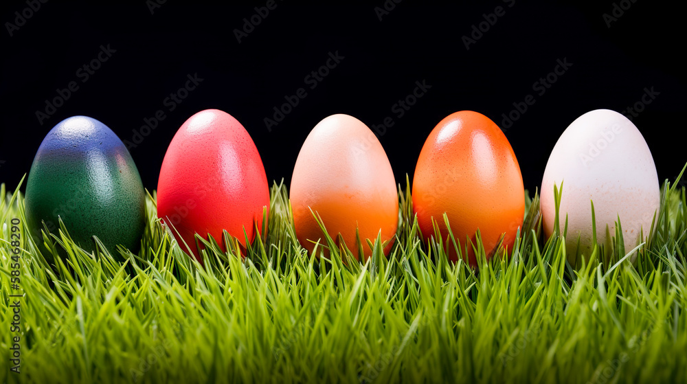 Colorful easter eggs on green grass  background with copy space. Generative AI