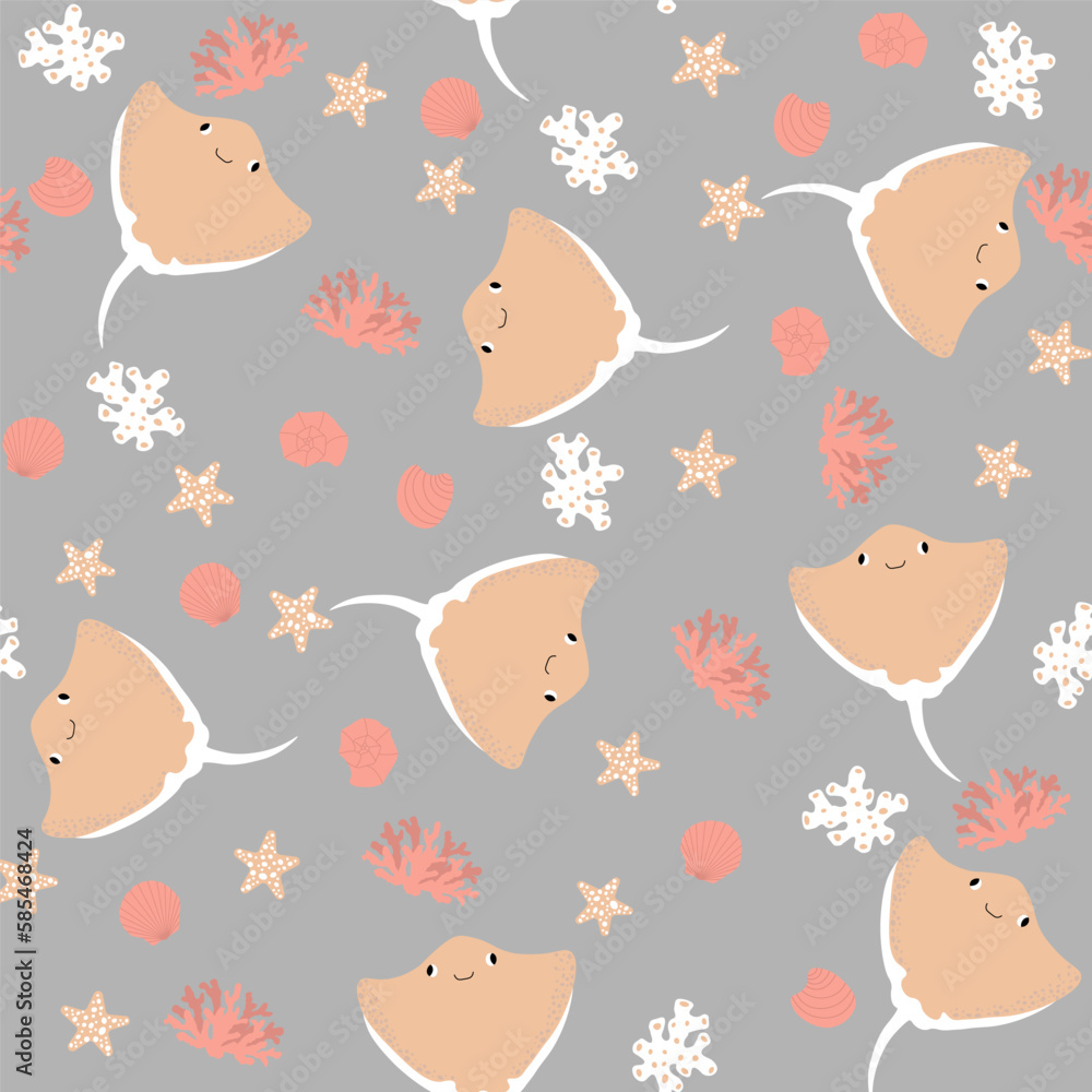 Vector seamless pattern with devilfish, starfish, algae.Underwater cartoon creatures.Marine background.Cute ocean pattern for fabric, childrens clothing,textiles,wrapping paper