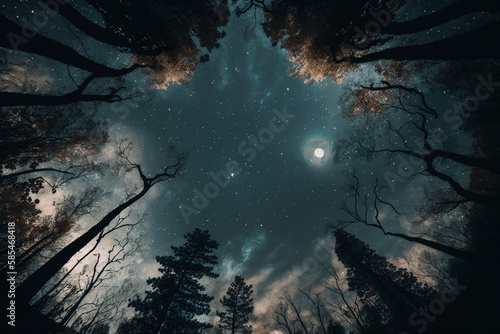 Mystical forest with full moon and stars in the night sky Generative AI