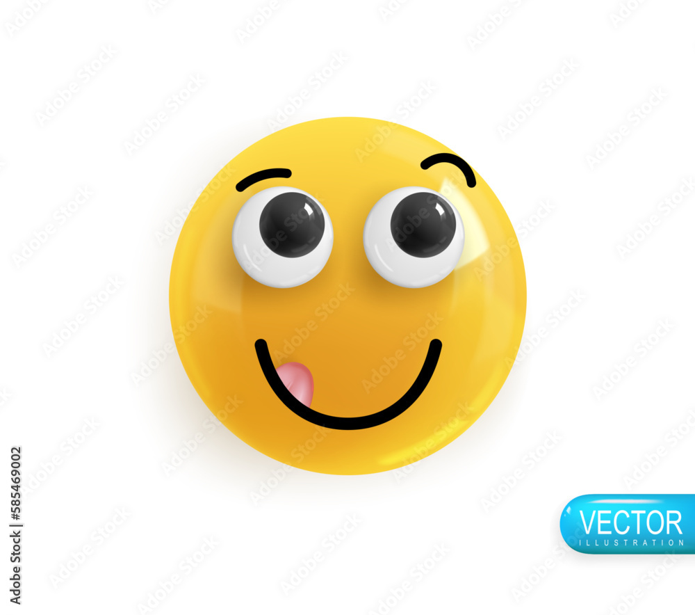 Realistic 3d Icon. Emoji face. Render of yellow glossy color emoji in plastic cartoon style