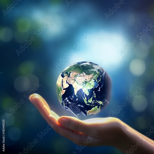 Illustration of a hand holding the global earth on an abstract and blurry background