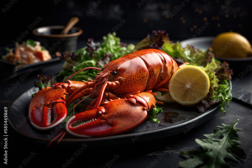 freshly cooked lobster, with salad on a tray on a table against a dark background Generative AI freshly cooked lobster, with salad on a tray on a table against a dark background Generative AI