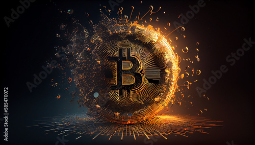 Cryptocurrency & Bitcoin logo: 8K dark background, glowing effects, particles, smoke. Photorealistic, high-quality textures, soft lighting, smooth reflections, Hyper Detailed, UE5. © Sergio_Maley