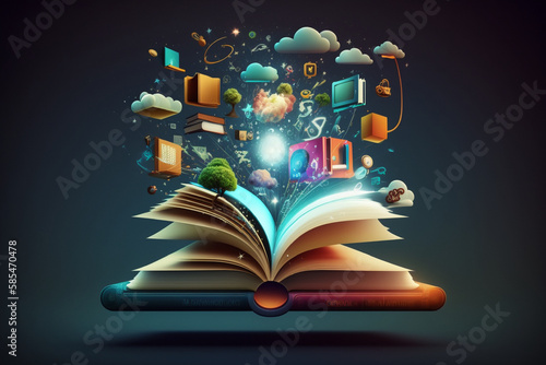 open magic book with smart services icons, internet and communication technology, by generative AI. 