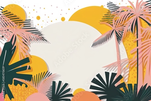 Pop-art bright summer banner template with sun beams, palms and clouds in colorful style with empty space