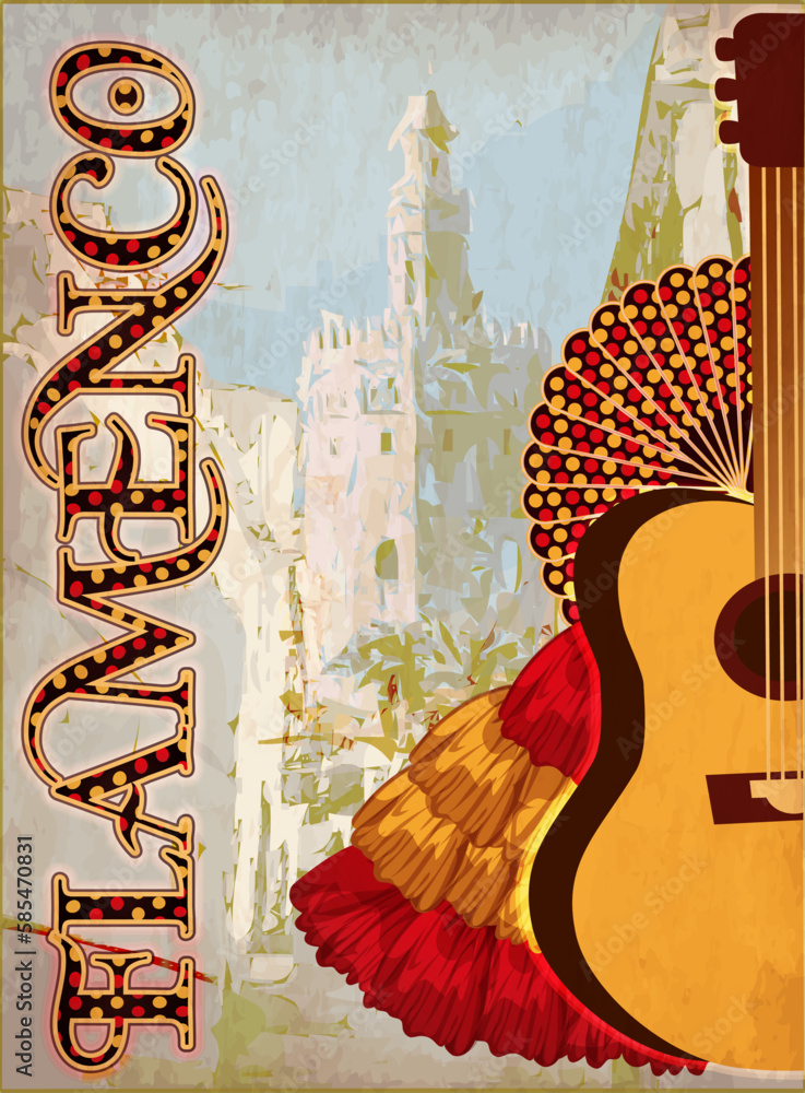 Flamenco  party card with spanish guitar and fun, vector illustration - obrazy, fototapety, plakaty 