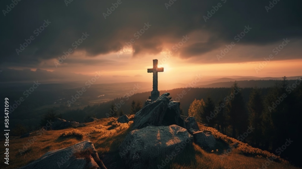 Cross on the hill at sunset. Generative AI, Generative, AI Cross on the hill at sunset. Generative AI, Generative, AI