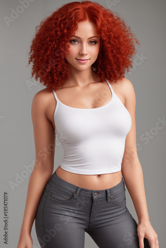 Beautiful woman in jeans. Studio shot on a gray background. Generative AI.