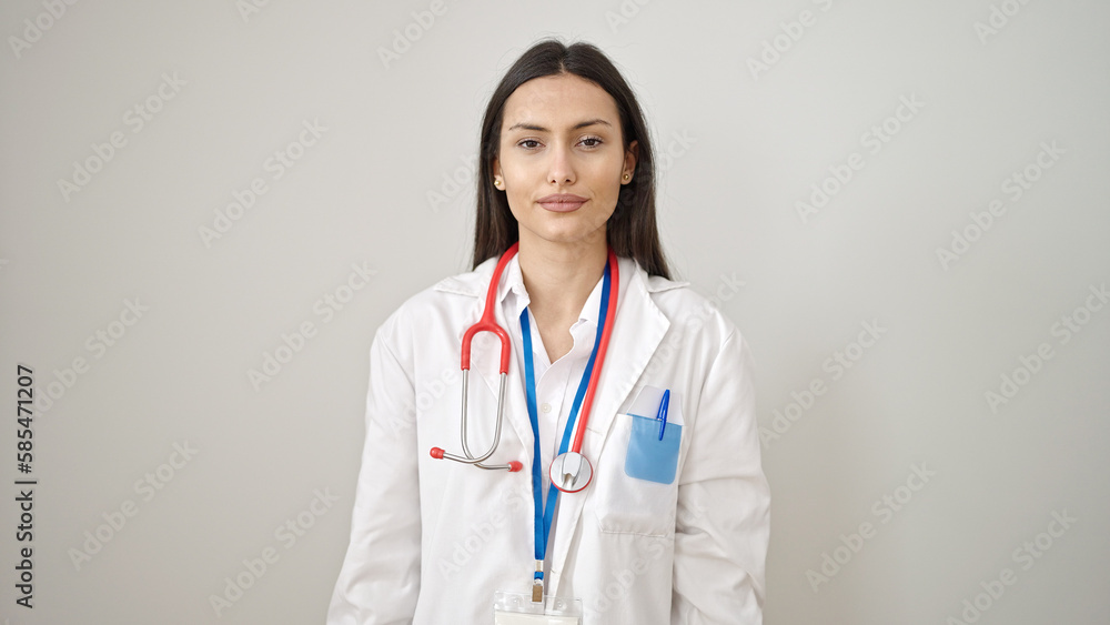 Young beautiful hispanic woman doctor smiling confident standing over isolated white background