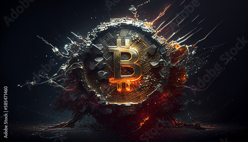 Cryptocurrency & Bitcoin logo: 8K dark background, glowing effects, particles, smoke. Photorealistic, high-quality textures, soft lighting, smooth reflections, Hyper Detailed, UE5.