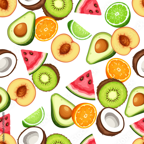 Fototapeta Naklejka Na Ścianę i Meble -  Seamless pattern with various fruits (peach, watermelon, orange, avocado, lime, coconut, and kiwi) on a white background. Tropical seamless pattern. Vector colorful background