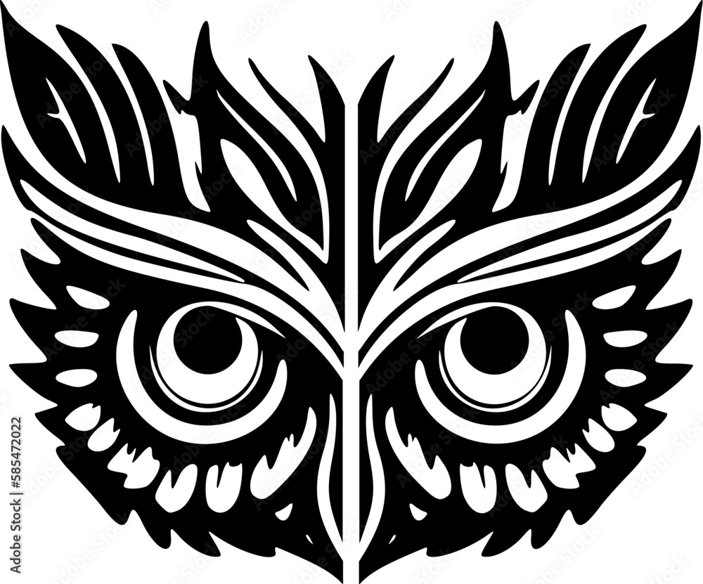 ﻿A tattoo of an owl, with a black and white face and Polynesian patterns.
