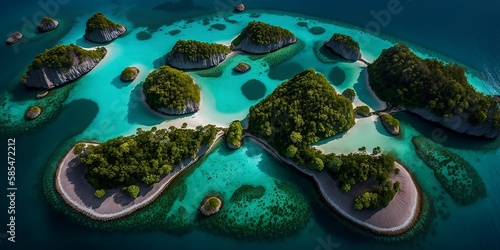 Top view of an archipelago of tropical islands, coral reef, white sand beach. Summer vacation paradise landscape. Generative AI.