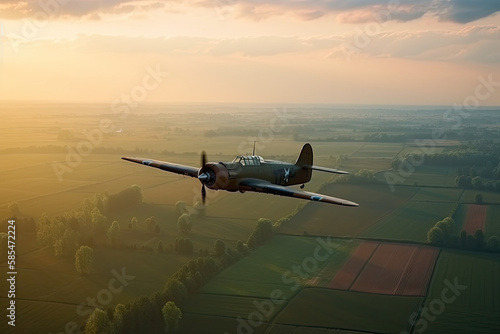 Early morning flight of a Spitfire fighter aircraft. Generative AI. photo