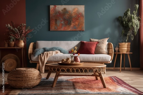 Couch, colorful cushions, carlet plaid, wooden stand, vase with dried flowers, rattan sideboard, and personal decorations in ethnic living room. Furnishings. Template. Generative AI © AkuAku