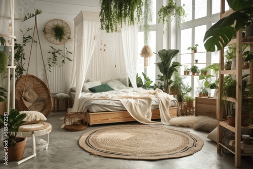 Boho urban jungle interior design. White bedroom with circular canopy bed. Colorful boho room with green tropical potted plants. Generative AI