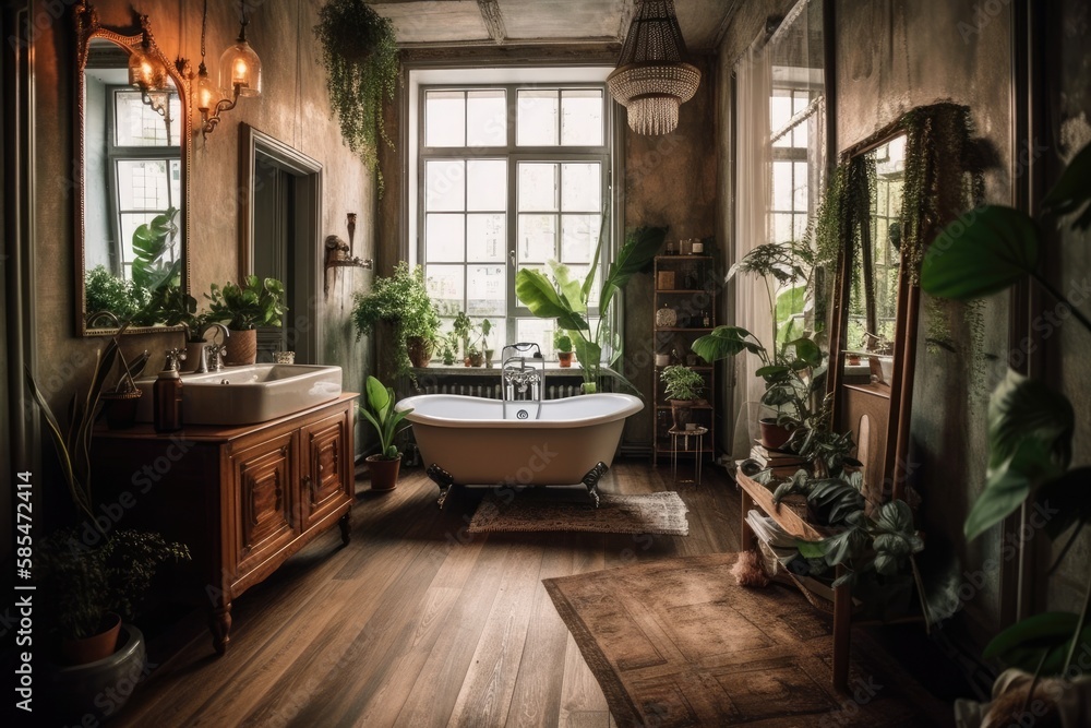 Freestanding bathtub in corner of broad light boho chic bathroom with huge window, wooden antique furniture, green potted plants, candles on wooden floor. Bohemian decor. Generative AI