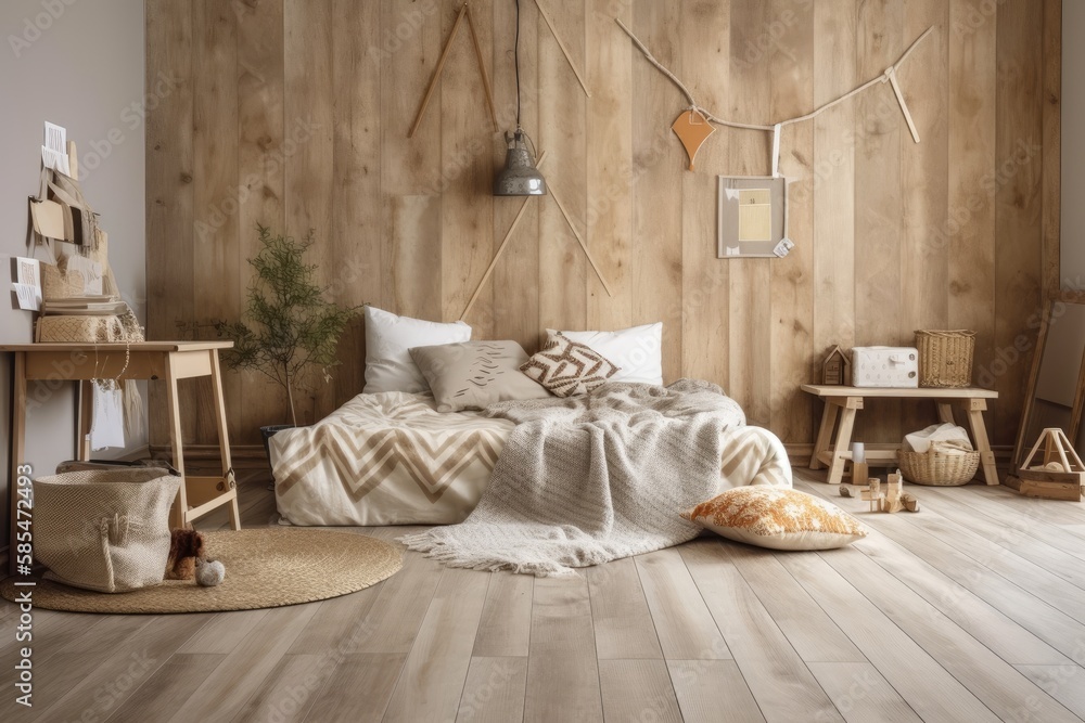 Bleached wood and beige farmhouse children's bedroom. Wall mocked