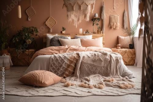 Brown carpet in front of king size bed with fur coverlet and cushions in cozy bedroom with light. Generative AI