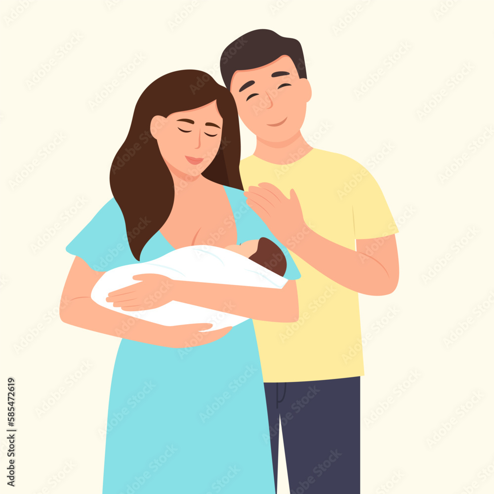 Happy family embracing their newborn with care and love.Parents with child..Happy family and childhood concept. Vector illustration Happy family embracing their newborn with care and love.Parents with child..Happy family and childhood concept. Vector illustration