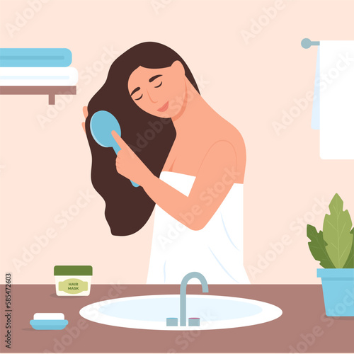 Woman brushing long healthy hair in bathroom. Lady holding comb in hand. Daily routine, spa, self care activity. Hair care concept. Vector illustration
