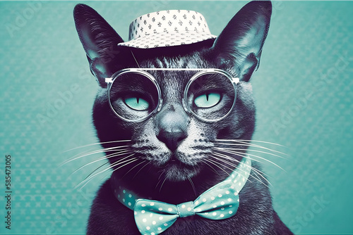 50s Vibes hipster cat portrait, retro halftone style illustration, Generative AI