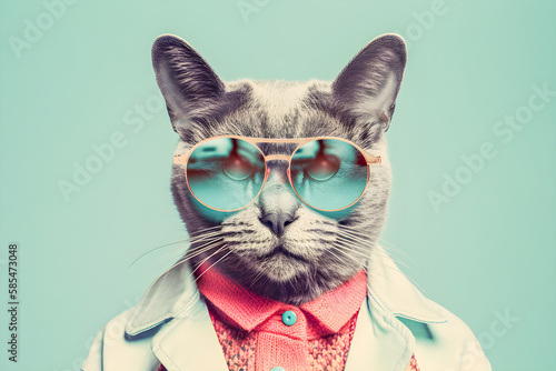 50s Vibes hipster cat portrait, retro halftone style illustration, Generative AI © PaputekWallArt