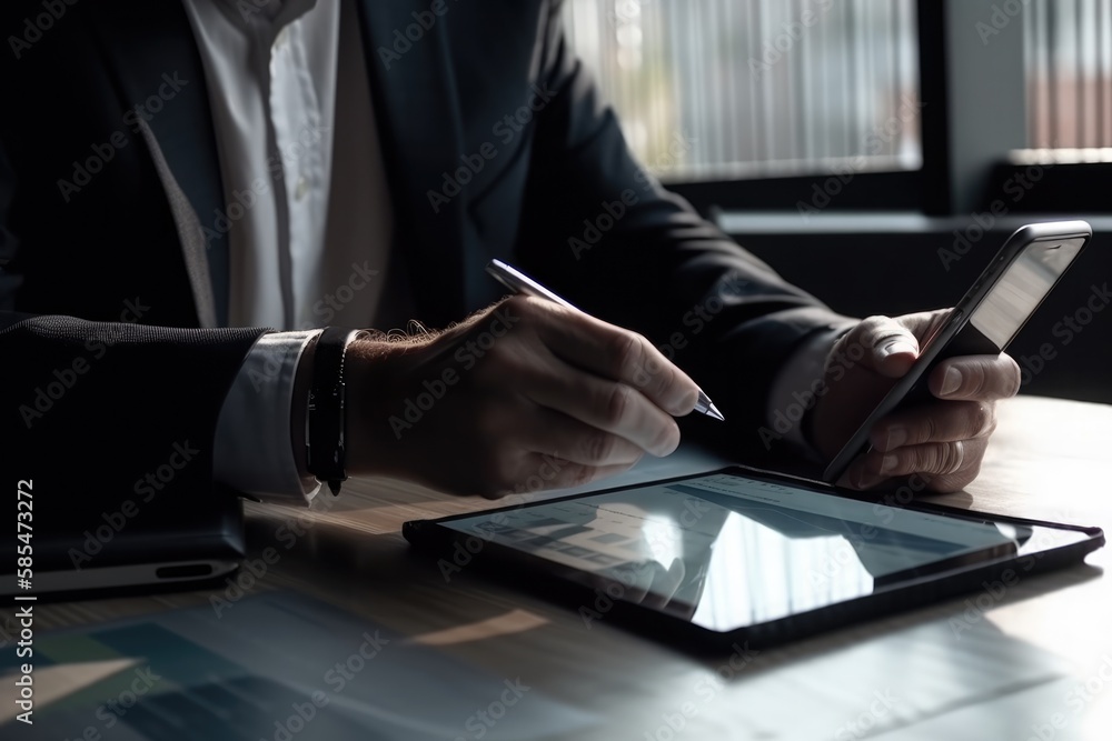 Businessman using tablet to analyze sales data and economic growth graph. Generative AI Businessman using tablet to analyze sales data and economic growth graph. Generative AI